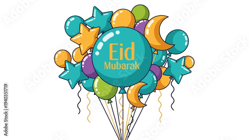 Celebration of Eid with colorful balloons and stars floating in the air, a vibrant illustration of festive joy