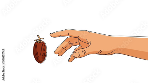 A hand reaching out to touch a cacao pod in a simple illustration style from a close-up viewpoint