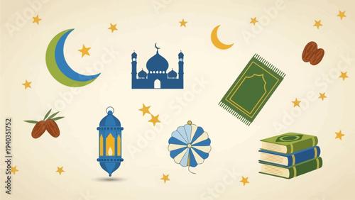 Celebratory icons representing Islamic culture and traditions surrounded by festive stars and celestial bodies