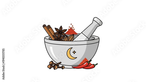 Spices and ingredients in a mortar with a pestle, surrounded by various seasonings and herbs on a clean surface.