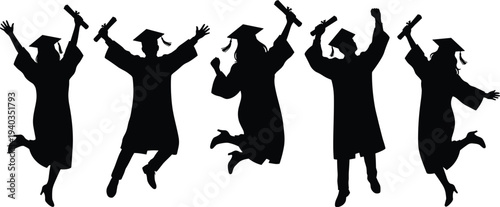 Graduation student silhouettes celebrating success with diplomas, happy graduates jumping in academic gowns, education achievement isolated vector illustration
