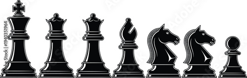 Black and white chess piece silhouettes including king, queen, rook, bishop, knight, and pawn, symbolizing strategy, competition, and board game.
