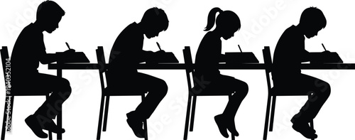 Students writing exam silhouettes in classroom, school children studying at desk during test education isolated vector illustration