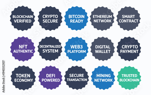 Web3 and Cryptocurrency Badge Set with Digital Blockchain Icons