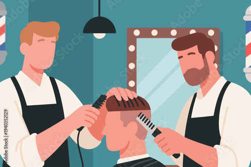 Two barbers in aprons cutting client’s hair with combs and clippers, classic barbershop interior featuring mirror with lights, lamp, and striped barber poles.
