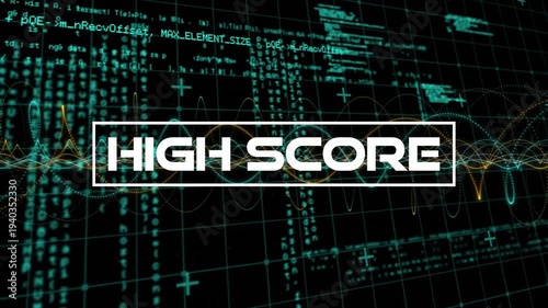 Animation of high score text over programming language, mesh networks and grid