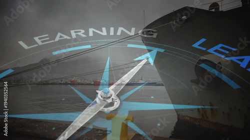 Compass pointing to LEARNING animation over docked ship in harbor