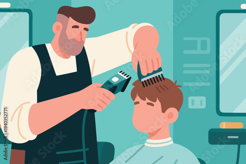 Barber trimming client’s hair with electric clippers and comb, customer in cape, stylized barbershop interior with mirrors and furnishings.