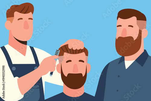 Barber in overalls trimming bearded client’s hair with comb, another bearded man observing nearby, stylized barbershop scene on light blue background.