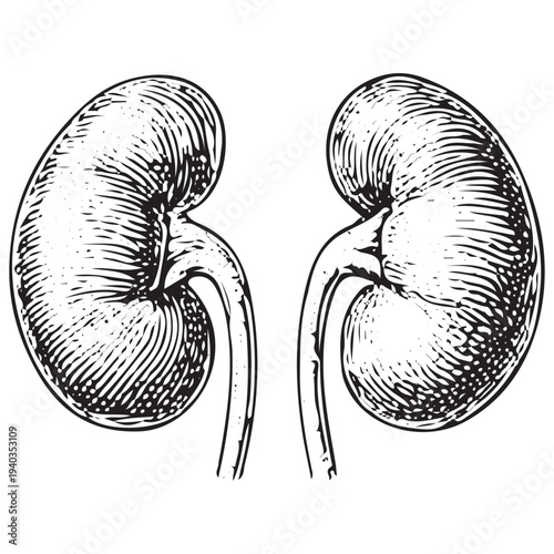 Human Kidneys Anatomy Illustration – Urinary System Medical Engraved Internal Organ Drawing