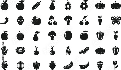 Black silhouette icon collection of fruits, vegetables, and nature elements including apples, pears, pumpkins, corn, grapes, butterfly, tulip inspiration