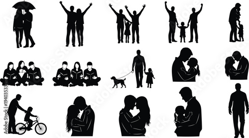 Black silhouette illustration collection showing family love, relationships, bonding, parenting, children activities, togetherness, care, affection, lifestyle moments
