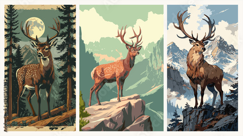 Majestic deer in wilderness: forest moonlight, rocky cliff, and snowy mountain peaks