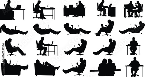 Black silhouette illustrations of people seated with laptops in various postures, working alone or in collaborative office and study settings