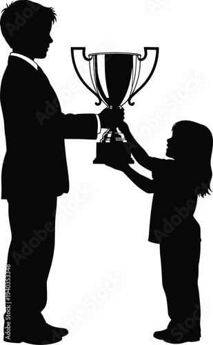 Black silhouette of adult handing trophy to child, symbolizing achievement, recognition, encouragement, success, legacy, and generational honor illustration