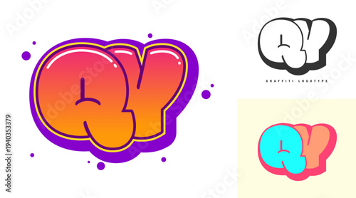 QY logo design for festival or party. Initial letter q and y in graffiti style. Creative modern lettering company name of font typography. Kids trendy logotype or identity.