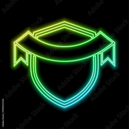 Neon shield icon. Glowing neon shield sign, outline guard symbol in vivid colors. Online security and protection, safety and guarantee emblem, antivirus firewall. Vector Icon set, sign for UI