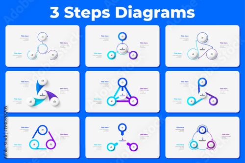 Three step cycle infographic diagrams set with circular nodes and connected arrows showing triangular workflow variations