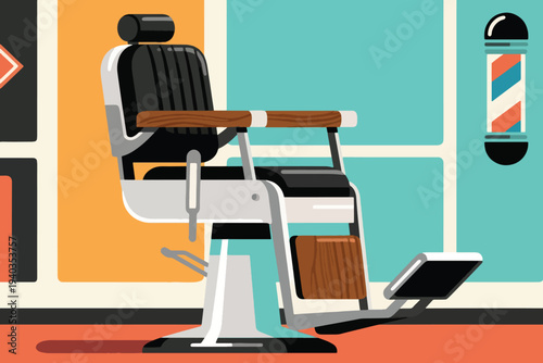 Classic barber chair with black cushion, white metal frame, wooden armrests, footrest, and headrest, set in barbershop interior with striped pole and large window panels.