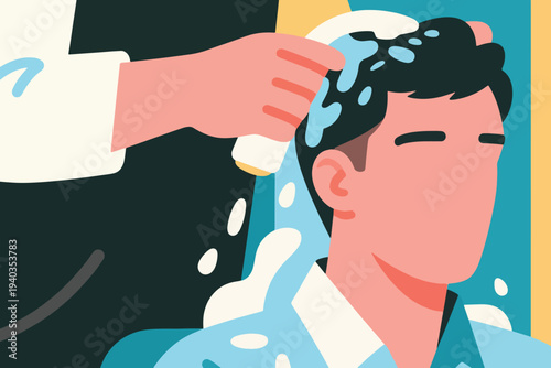 Hairdresser applying shampoo to client’s hair, foam lather visible, stylized flat design with bold colors, personal grooming and care scene in salon setting.