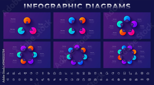 Three to eight step circular infographic diagrams set with radial segmented nodes arranged in ring workflow layouts