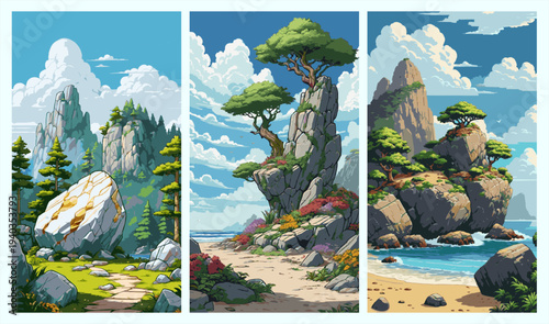 Coastal landscape triptych: scenic rocky cliffs, turquoise ocean waves, and sandy beach.