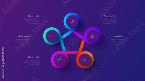 5 step pentagon process infographic with circular nodes connected in radial workflow diagram structure