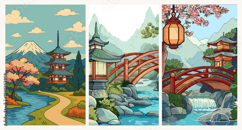Japanese temple architecture, traditional red bridge, and cherry blossoms vector art.