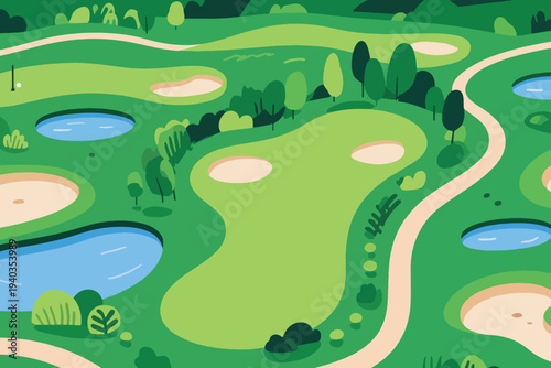 Stylized golf course illustration with fairways, bunkers, ponds, trees, and flag marking hole, colorful landscape design for sports and recreation themes.