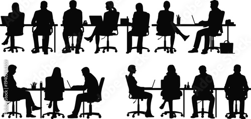 Black silhouettes of people working at desks with laptops and office items, collaborative workspace scene symbolizing teamwork, productivity, and professional culture