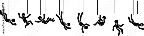 Black stick figure silhouettes falling in sequence, depicting motion, gravity, tumbling, and dramatic free fall concept on white background.