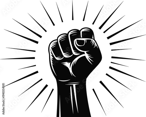 Bold clenched fist silhouette with radiating lines, powerful symbol of strength, resistance, solidarity, empowerment, activism, and social movement design