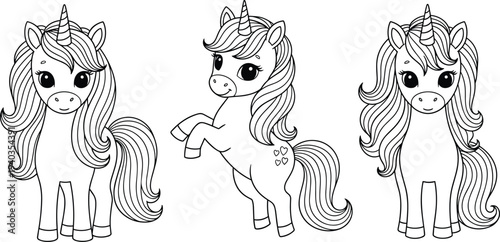 Adorable Magical Unicorn Vector Illustration Set Featuring Three Cute Mythical Horses with Long Manes in Hand Drawn Black and White Line Art Style