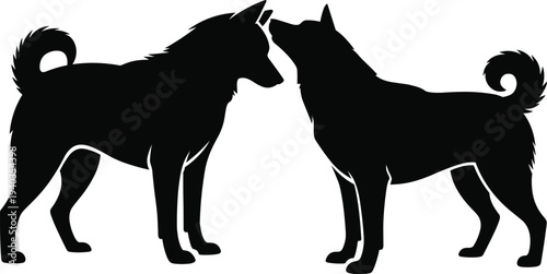 Black silhouette of two dogs facing each other, curled tails and pointed ears, symbolic illustration of pets, interaction, communication, and companionship