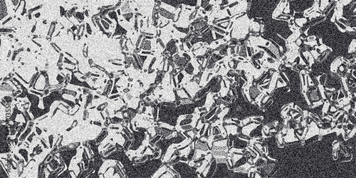 Complex monochrome abstract pattern featuring interconnected geometric fragments and a grainy noise texture, offering a detailed and visually rich surface for design
