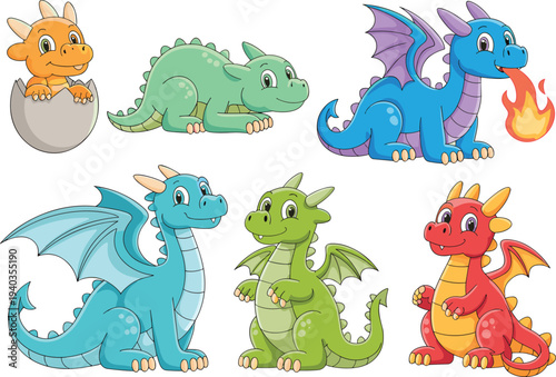 Colorful cartoon baby dragons set with fantasy creatures, cute mythical characters, playful design for children’s books, games, educational materials, and fantasy artwork