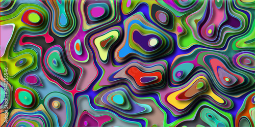 Vibrant abstract topographic map with layered colorful organic shapes and deep shadows creating a sense of depth and dimension