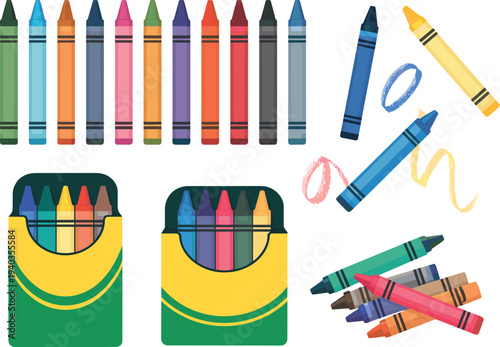 Colorful crayon set with boxes and scattered drawing supplies, vibrant art materials for kids creativity, school education, coloring activities, and artistic design projects