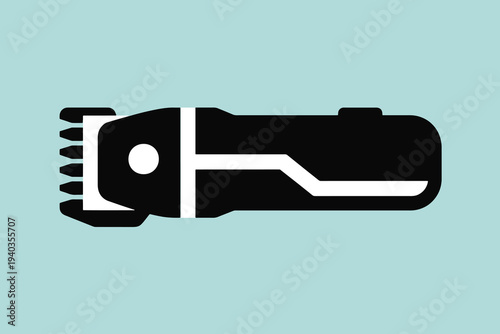 Minimalist black and white icon of electric hair clipper, bold shapes with blades and button detail, light blue background highlighting grooming tool design.