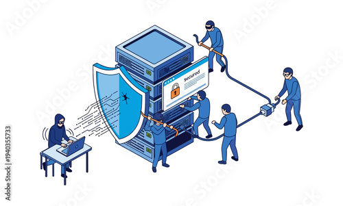 Cybersecurity team protecting server from hacker attack isometric illustration.