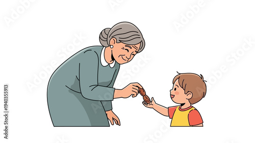 An elderly woman gently interacting with a young boy holding a small object in a domestic scene viewed from the side