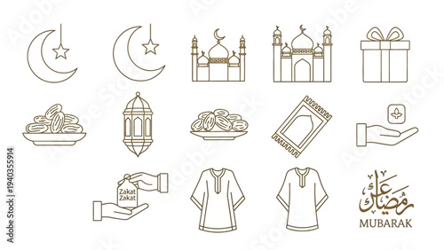 Eid al-Fitr celebration elements, including crescent moon, mosque, gifts, and traditional clothing, are depicted in a minimalist line art style.