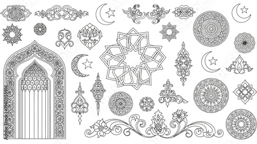 An ornate, intricately designed Islamic archway surrounded by various celestial and floral motifs in a monochromatic illustration.