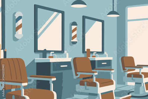 Vintage barbershop interior with barber chairs, mirrors, tools, and classic barber poles, muted blue and brown tones highlighting nostalgic retro atmosphere.