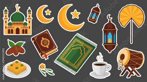 Celebratory illustrations of Islamic cultural symbols and traditional items arranged on a dark gray background