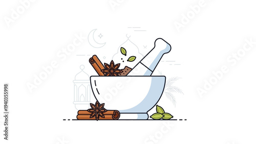 Mortar and pestle with spices and herbs in a traditional kitchen setting from a front viewpoint