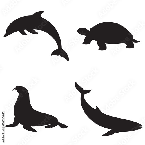 Set of four marine animal silhouettes: dolphin turtle seal and whale on white background