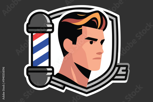 Stylized barbershop logo with man’s profile, modern hairstyle, sharp features, barber pole with red, white, blue stripes inside shield frame, bold professional design.
