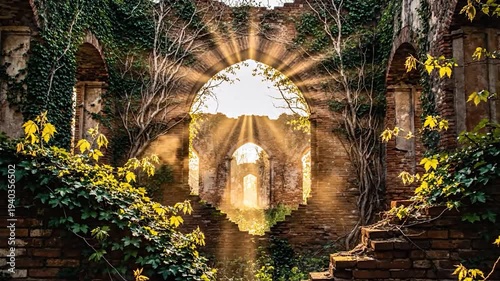 Ruined ancient structure overgrown with green foliage and sun rays shining through arches