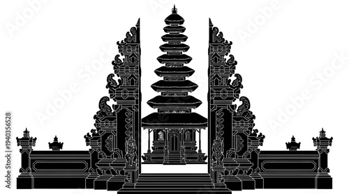 Black silhouette illustration of a traditional Balinese temple gate with pagoda style roof. Cultural landmark of Bali, Indonesia. Perfect for travel, tourism, culture and architecture themed designs.